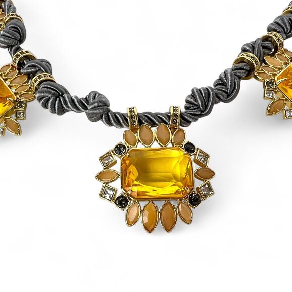 Ann Taylor Necklace Large Yellow Rhinestones Gray Twisted Satin Rope Gold Tone - Picture 6 of 10